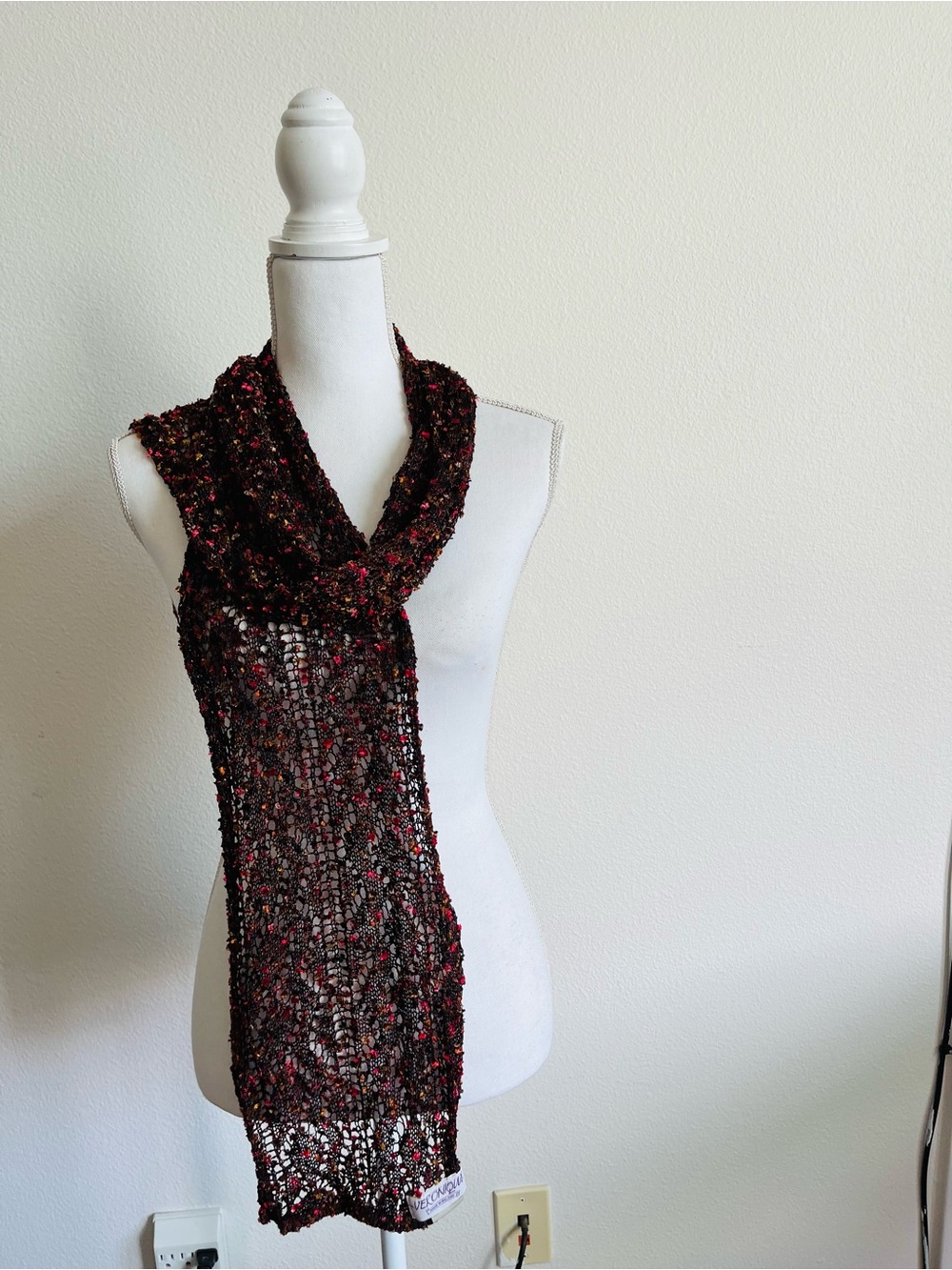 Handcrafted Open-Weave Black and Red Scarf from Ireland 8/62 inches